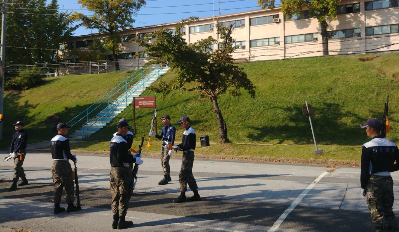 A UN honour guard on a training exercise at Yongsan garrison. Photo: Park Chan-kyong