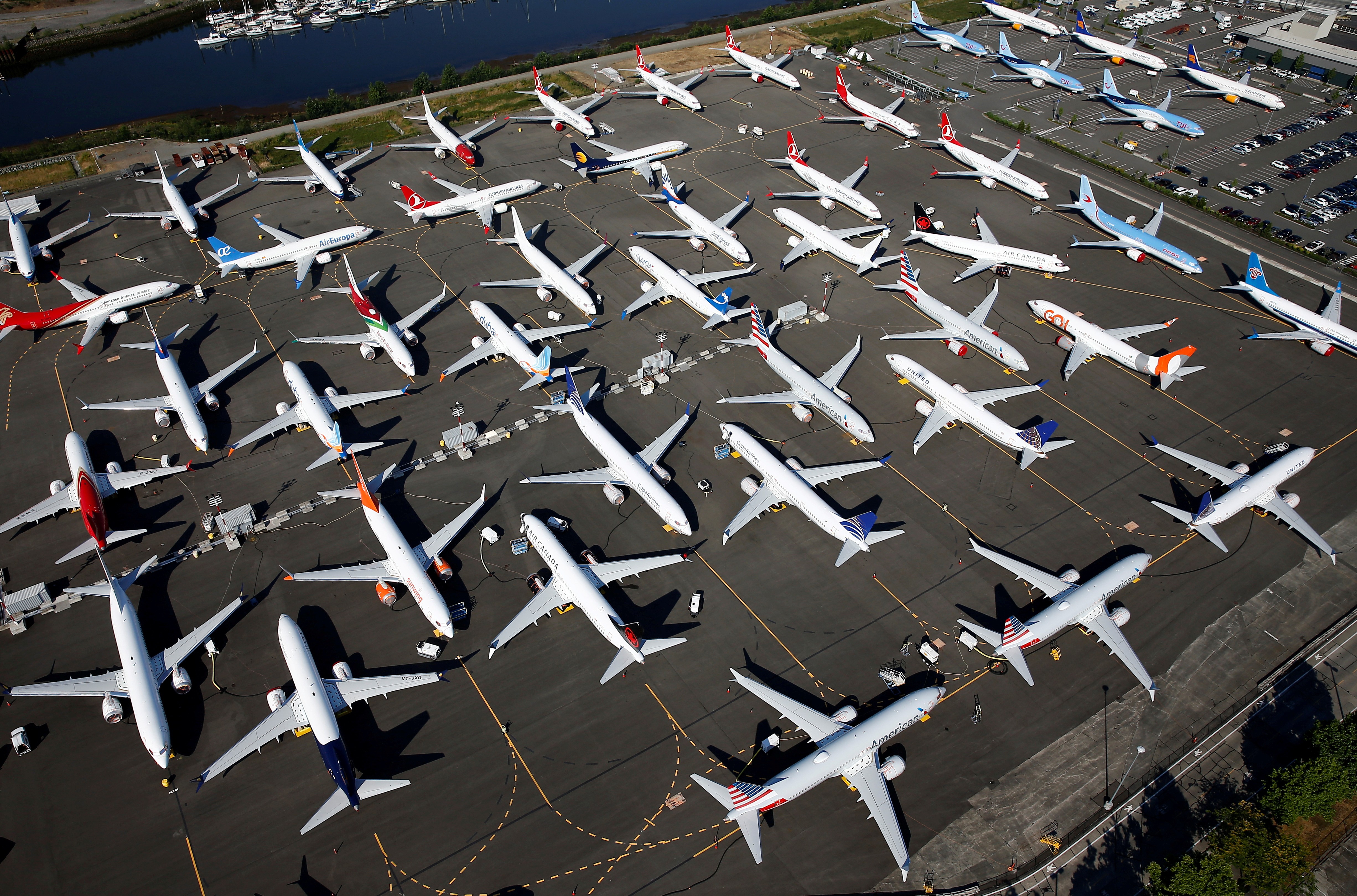 Dozens of grounded Boeing 737 MAX aircraft are seen parked at Boeing Field in Seattle in July. Photo: Reuters
