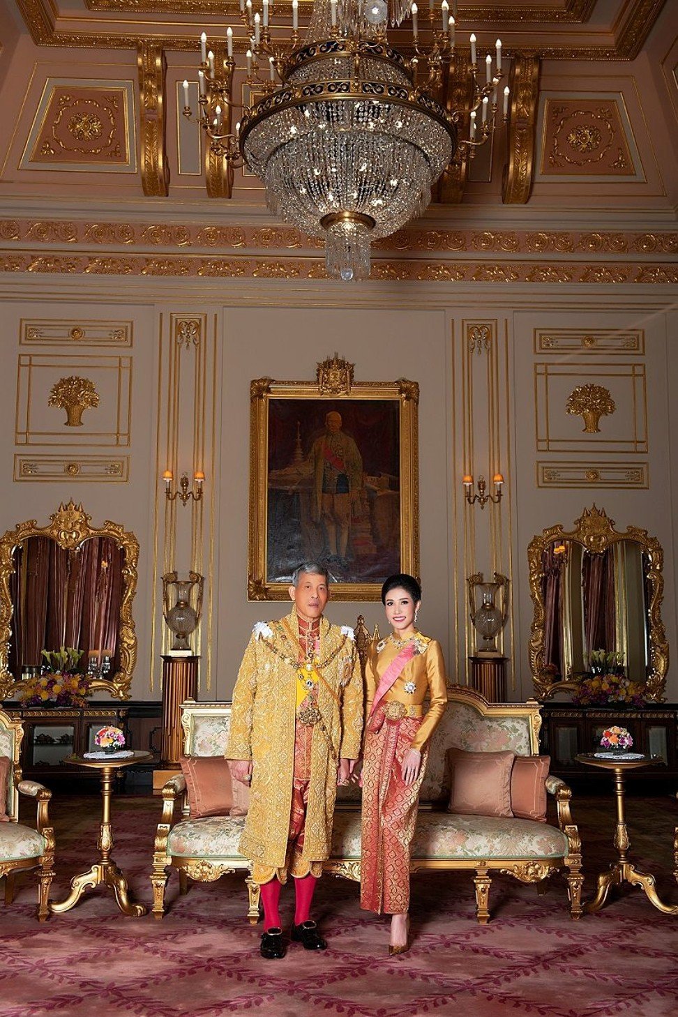 Thailand’s King Maha Vajiralongkorn and Sineenat Wongvajirapakdi, former royal consort, at the Grand Palace in Bangkok. The king has recently stripped Sineenat of her titles and military ranks for being ‘disloyal’ and conducting a rivalry with Queen Suthida. Photo: Reuters