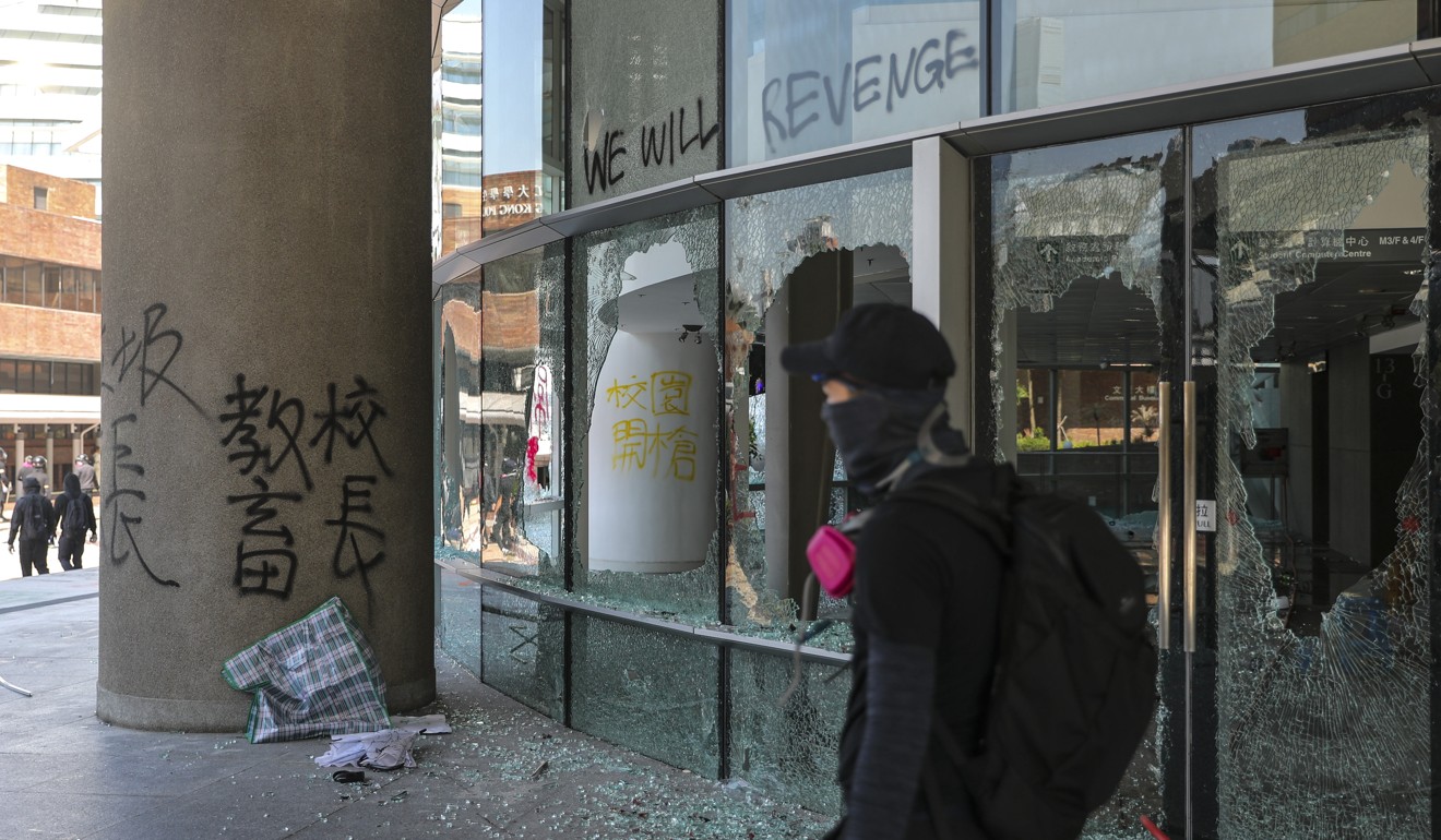 Buildings at Polytechnic University were vandalised by protesters on Monday, prompting a police response that included tear gas. Photo: Sam Tsang