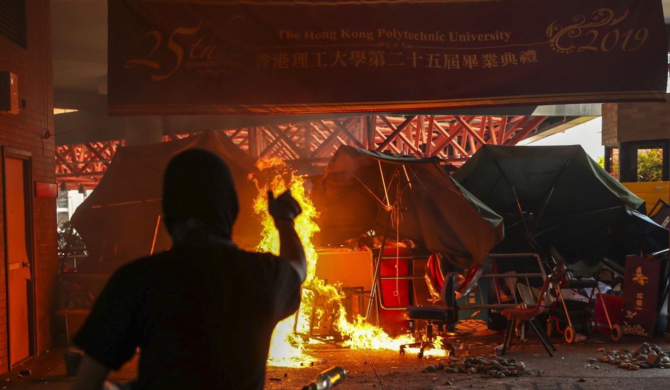 Protesters on Monday set fires and vandalise facilities at Polytechnic University in Hung Hom. Photo: Sam Tsang