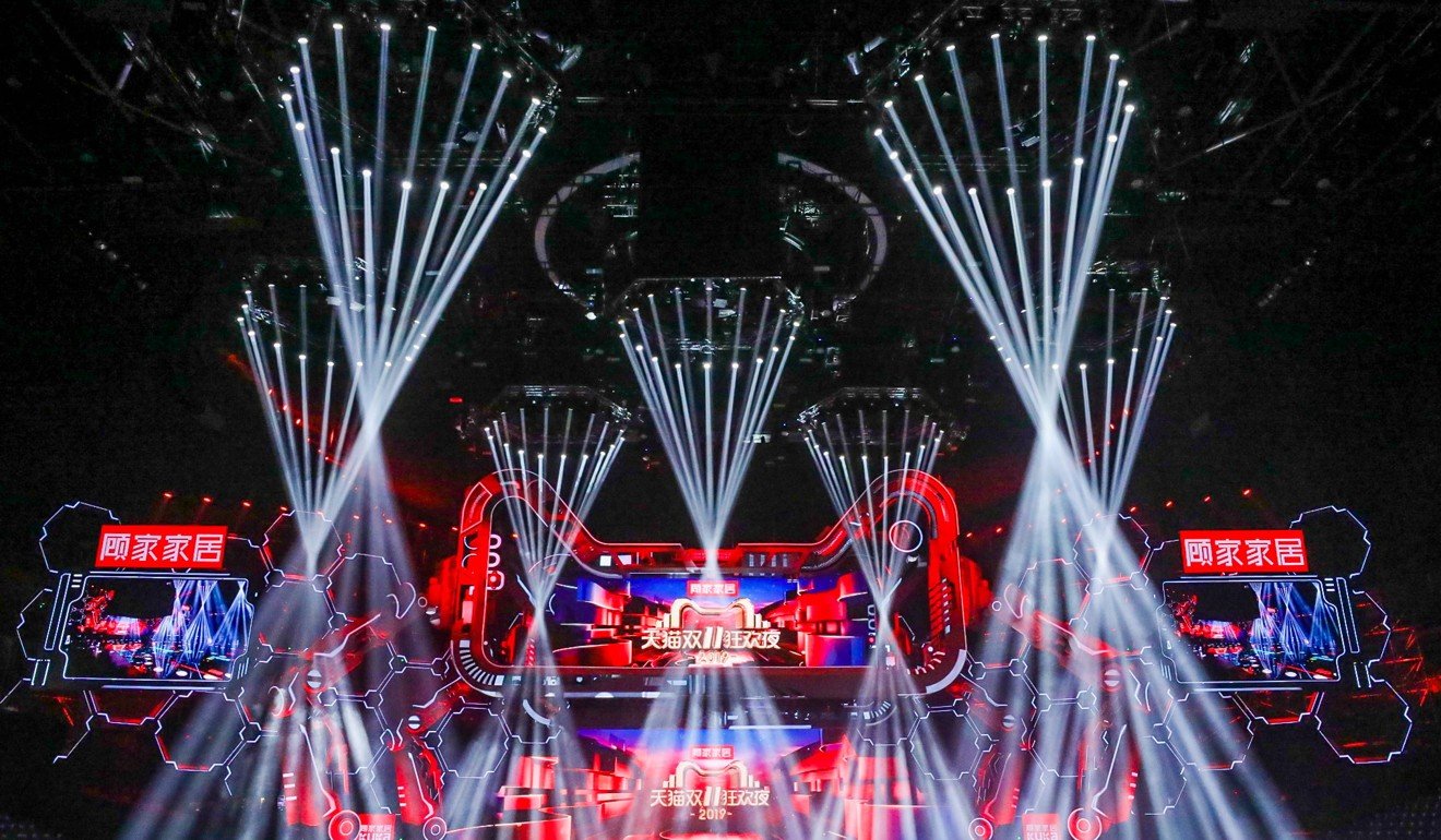 Lights illuminate a stage during the Tmall Double 11 Gala in Shanghai on Monday. Photo: EPA-EFE