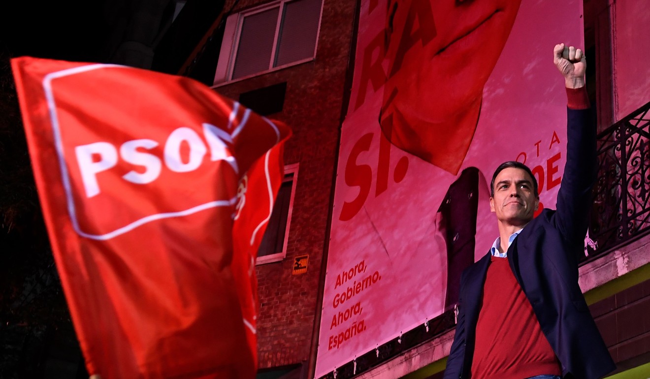 Spanish incumbent prime minister and Socialist Party candidate for re-election, Pedro Sanchez, celebrates his victory. Photo: AFP