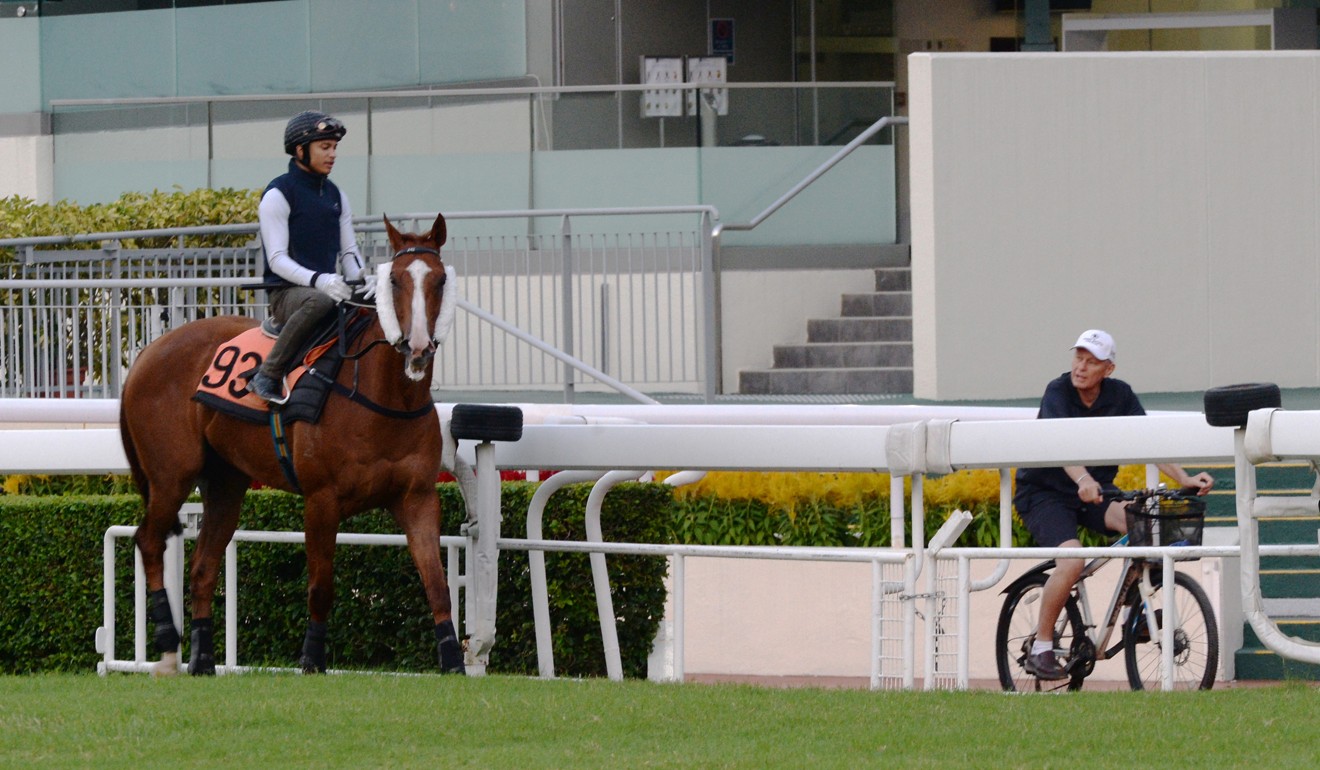 John Moore rides his pushbike at trackwork.