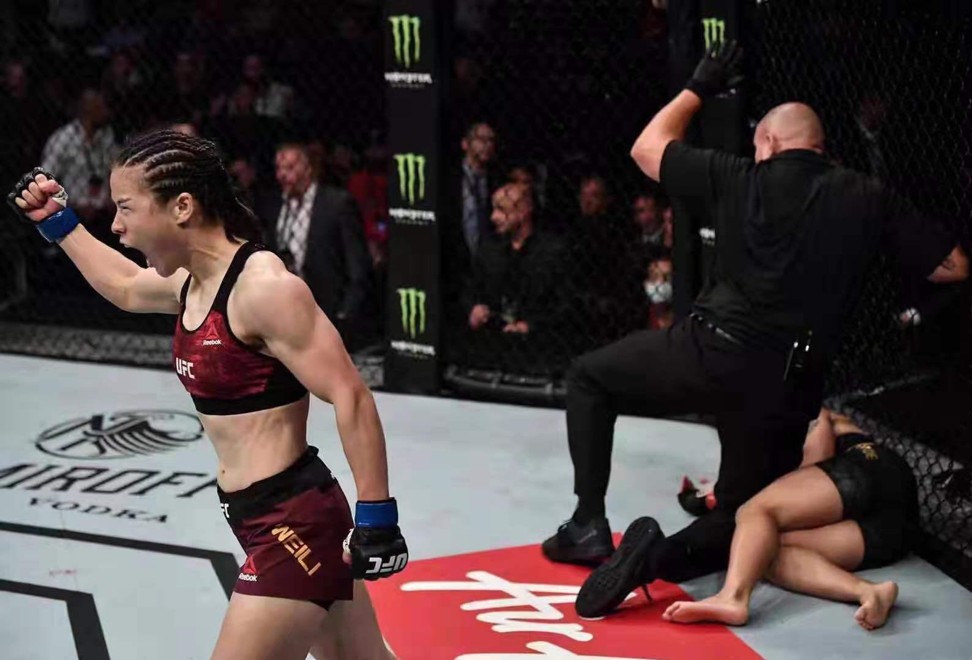 Zhang Weili walks off after beating Jessica Andrade for the strawweight title at UFC Shenzhen. Photo: Brandon Magnus/Zuffa LLC