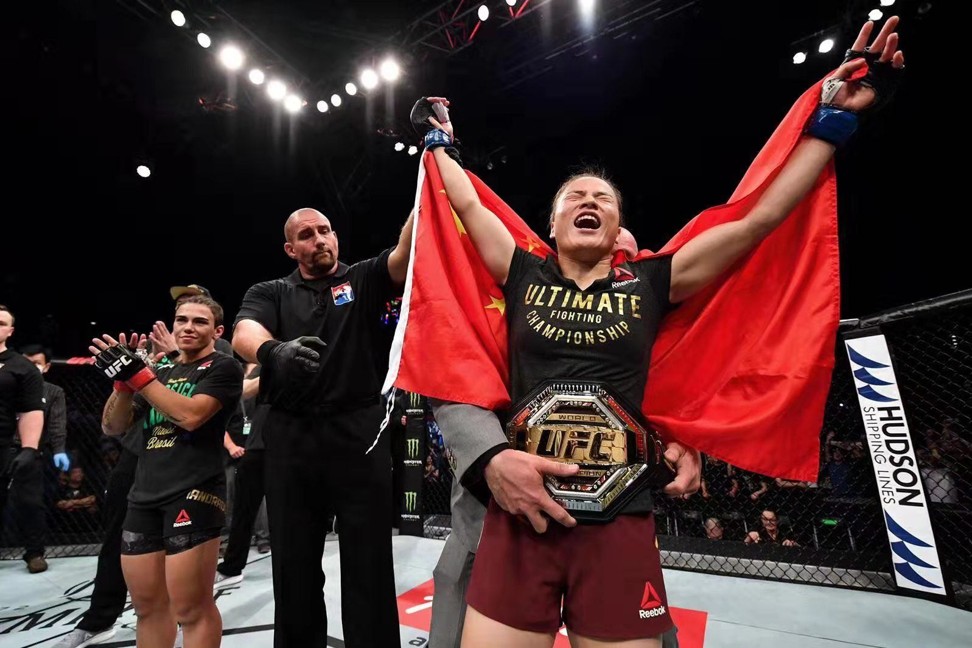Zhang Weili celebrates her UFC Shenzhen triumph. Photo: Brandon Magnus/Zuffa LLC