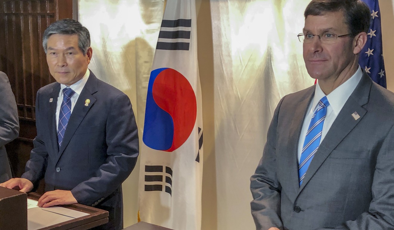 South Korea’s Defence Minister Jeong Kyeong-doo and US Defence Secretary Mark Esper. Photo: AP