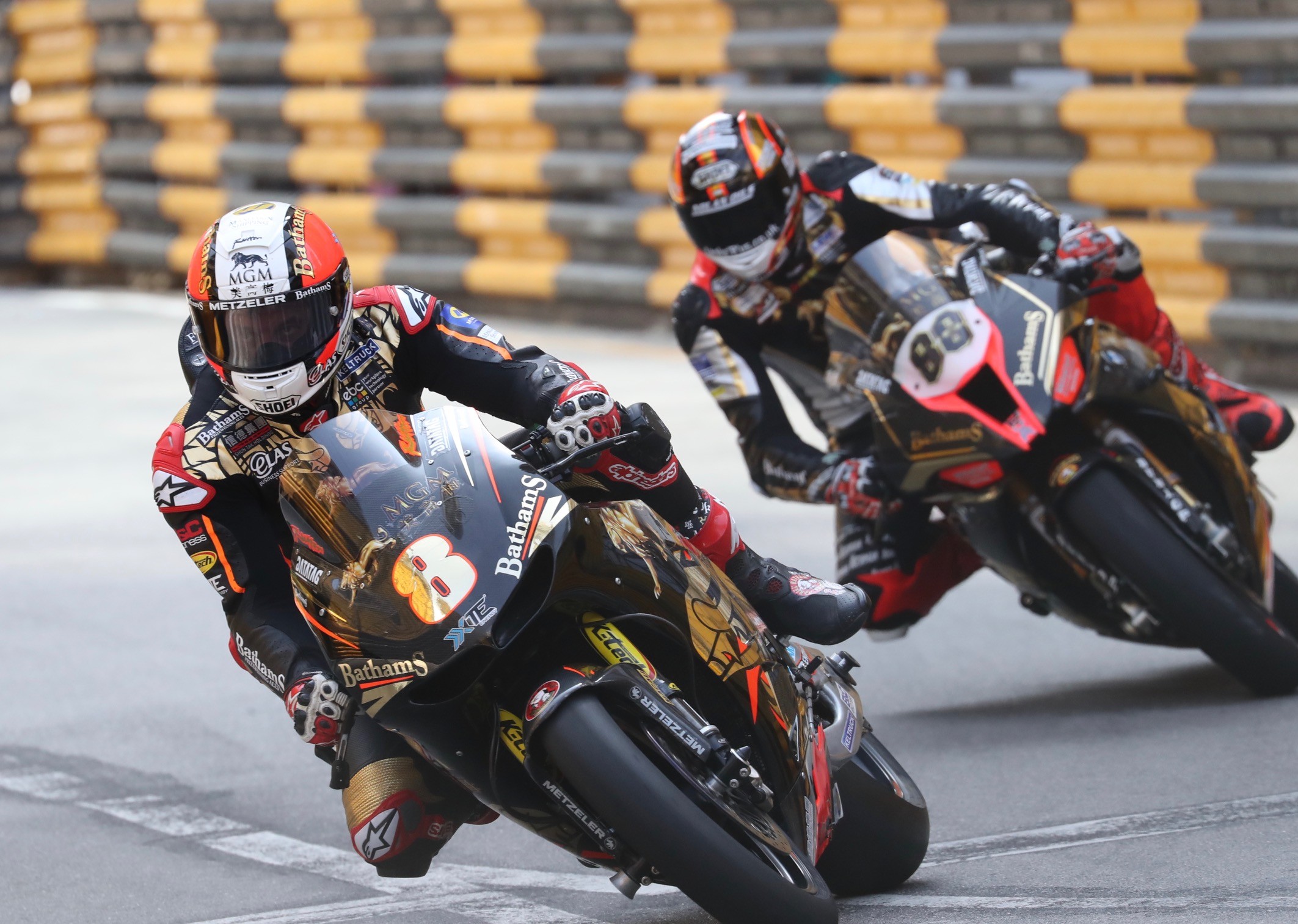 Michael Rutter (No 8) leading Peter Hickman in the Macau Motorcycle Grand Prix. Photo: K. Y. Cheng