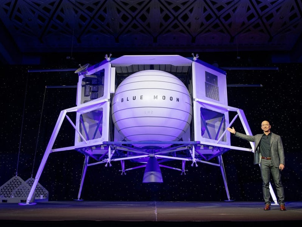 Jeff Bezos unveils Blue Moon, a lunar lander designed by his space flight company, Blue Origin, on May 9, 2019. Blue Origin