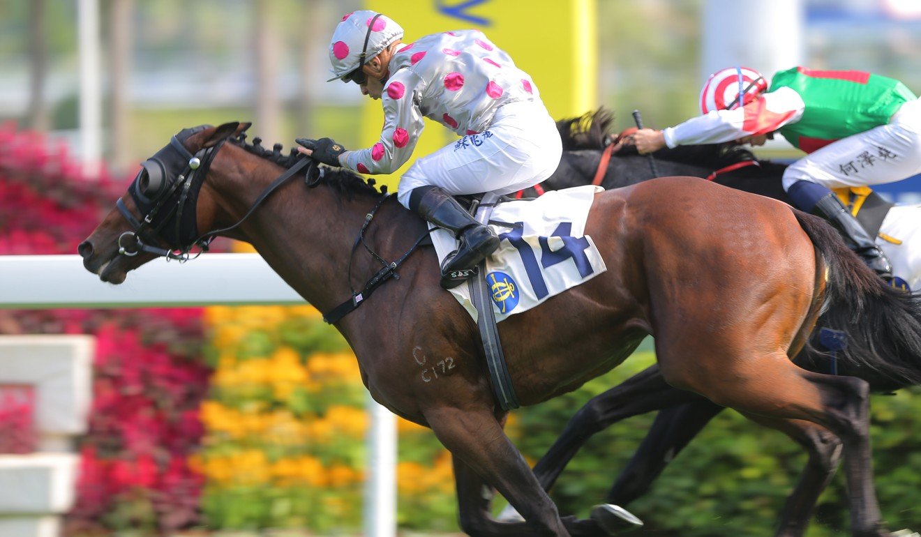 Silvestre de Sousa boots home a winner at Sha Tin on Sunday.