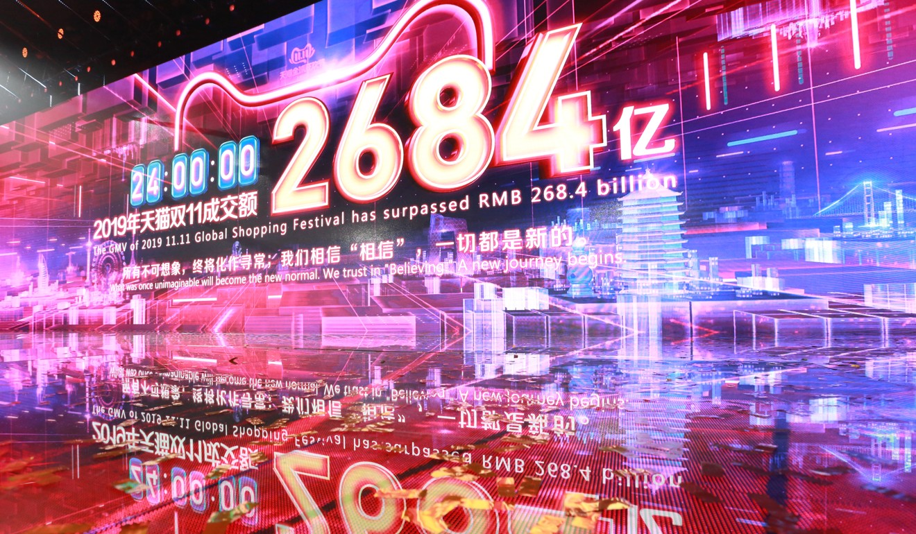 A screen displays the transaction volume of the 24-hour Alibaba Singles’ Day global shopping festival at the company’s headquarters in Hangzhou, China, on November 12. Photo: Reuters