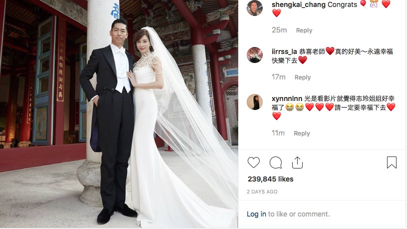 Lin Chi-ling and Akira pose after their wedding. Photo: Instagram/Chiling.lin