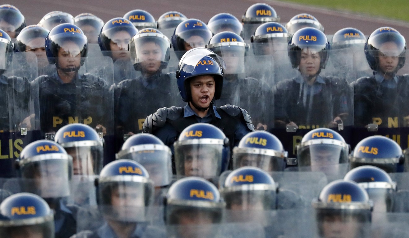 Philippine anti-riot police pictured at their national headquarters in Quezon City. Photo: EPA