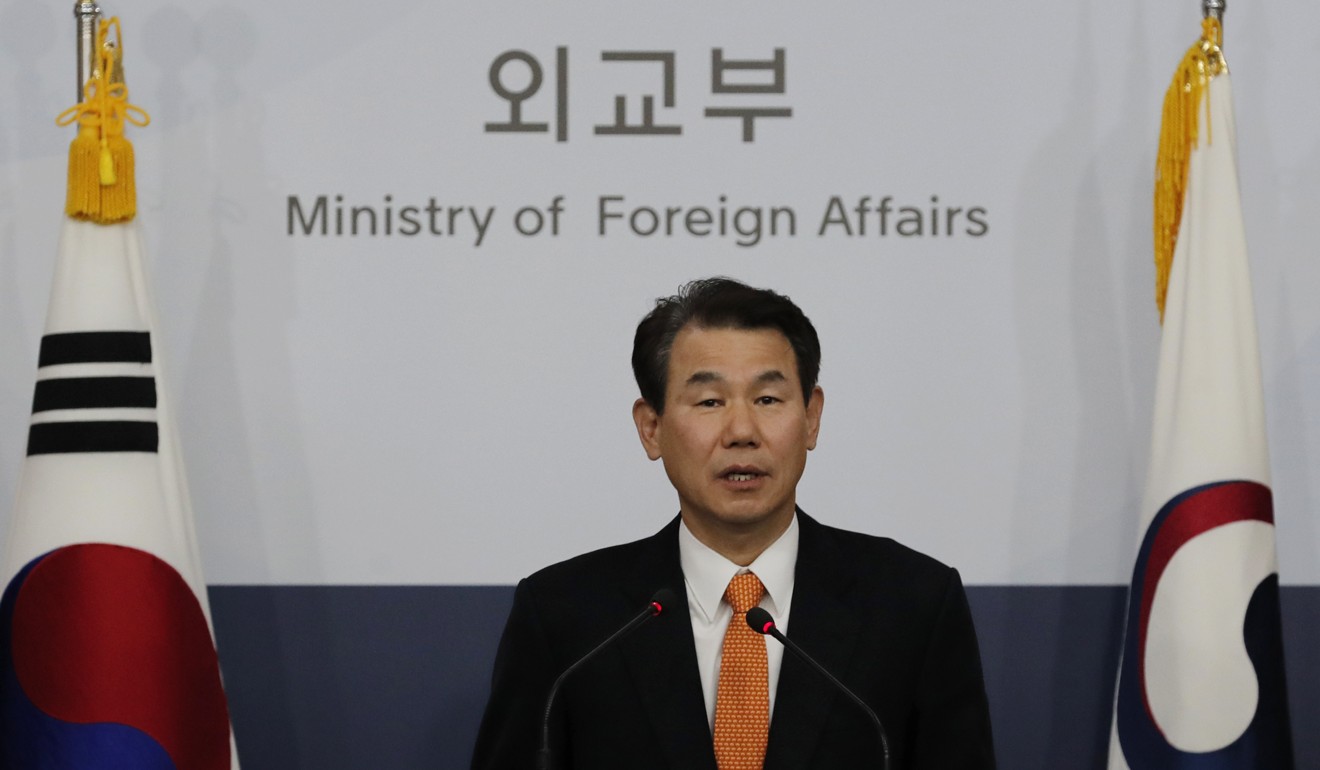 South Korea’s chief negotiator Jeong Eun-bo speaks to the media after a meeting with his US counterpart, James DeHart, on Tuesday in Seoul. Photo: AP