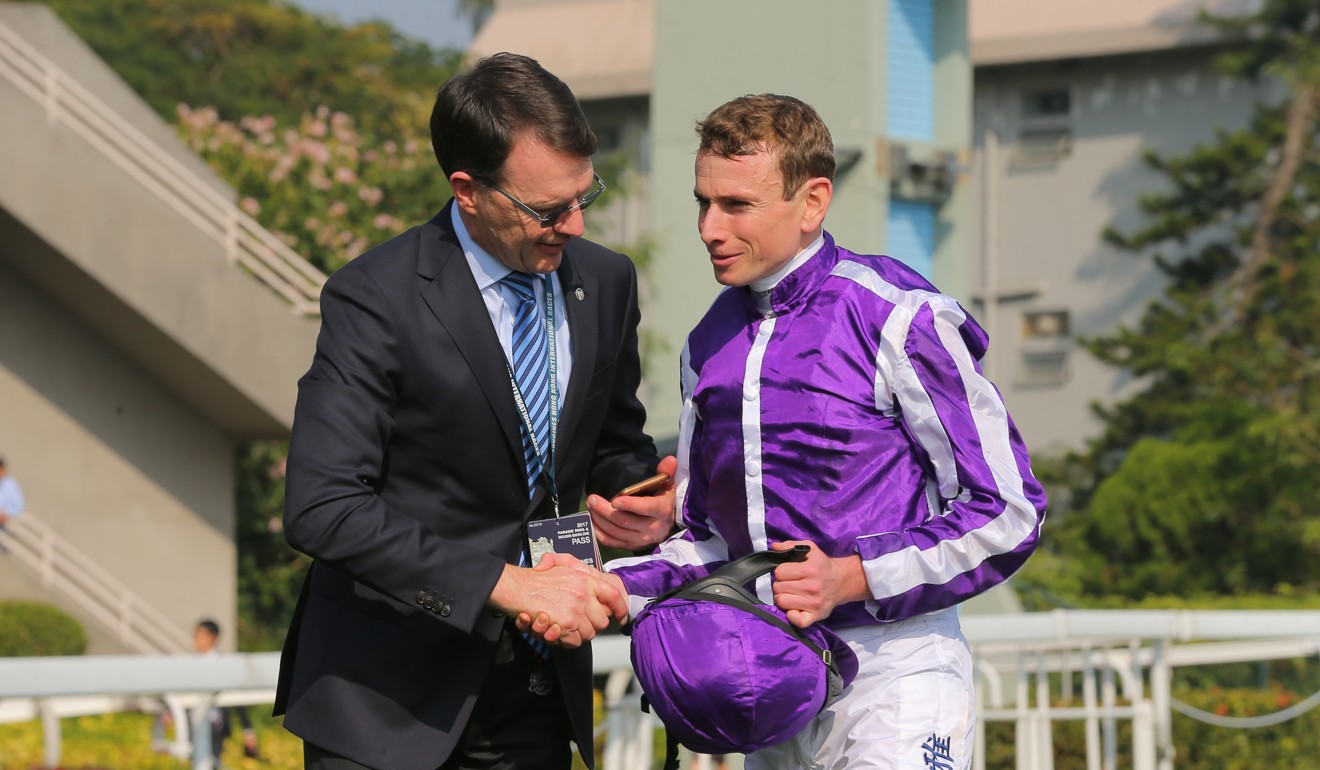 Trainer Aidan O’Brien with jockey Ryan Moore.