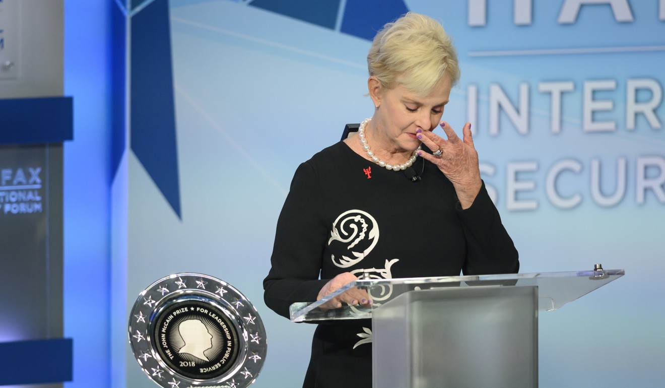 Cindy McCain presents the inaugural John McCain Prize for Leadership in Public Service to the people of the island of Lesbos, Greece, on November 2018. Photo: Canadian Press via AP