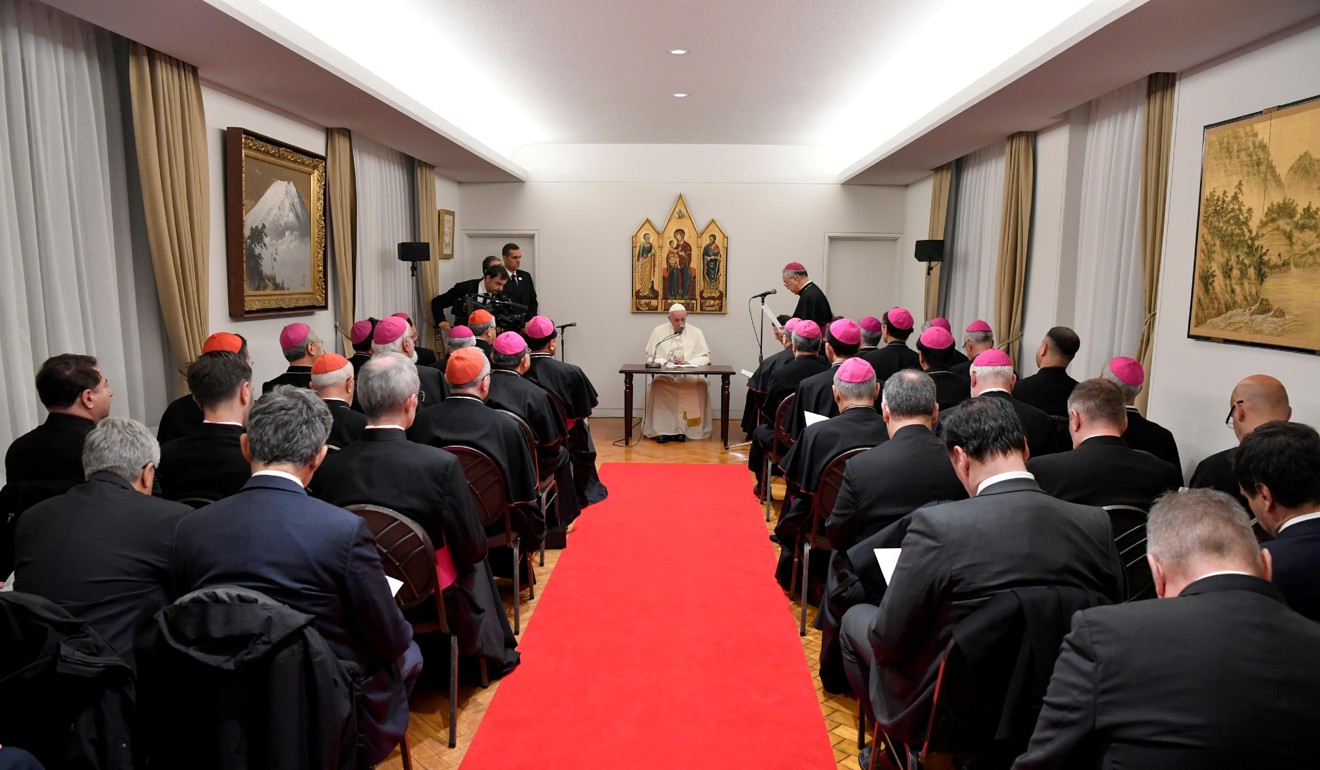 Pope Francis speaks at a meeting with bishops from the Vatican embassy in Tokyo, Japan. Photo: Handout via AFP