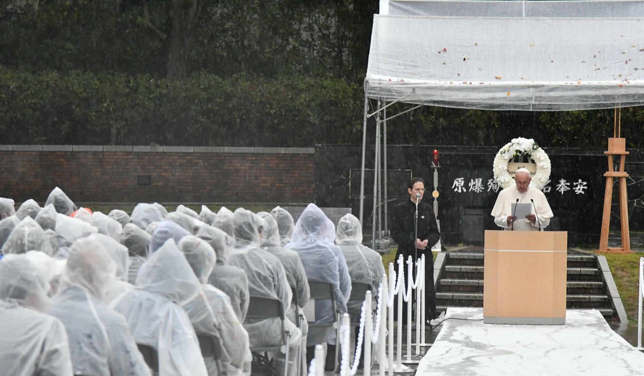 Pope Francis delivers his speech in Nagasaki. Photo: AFP