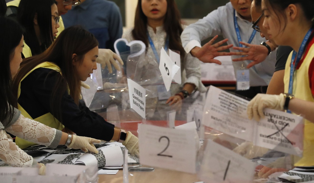 Some of the 2.94 million votes are counted at a polling station for the first Hong Kong elections since the protest crisis broke out in June. Photo: EPA-EFE