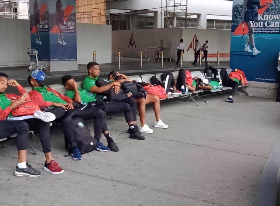 Timorese players wait for hours at the airport before being transported to their hotel for the 2019 SEA Games. Photo: Facebook