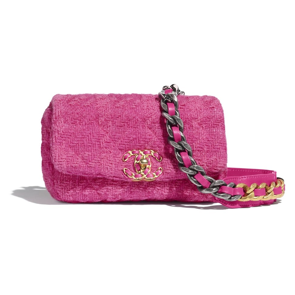 Chanel’s wool tweed waist bag highlights pink, gold and silver tones.