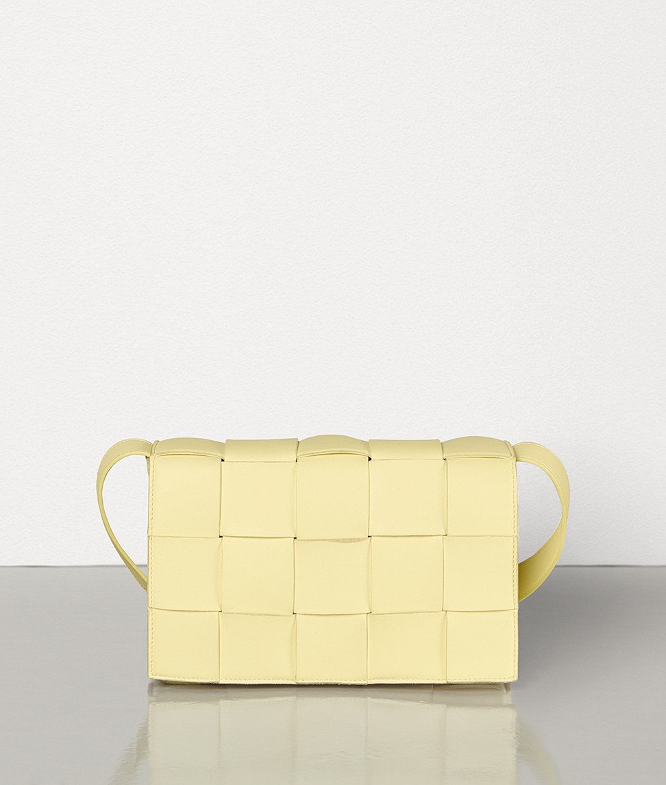 Bottega Veneta’s cassette bag is fashioned with wide double-face strips in an orthogonal weave.