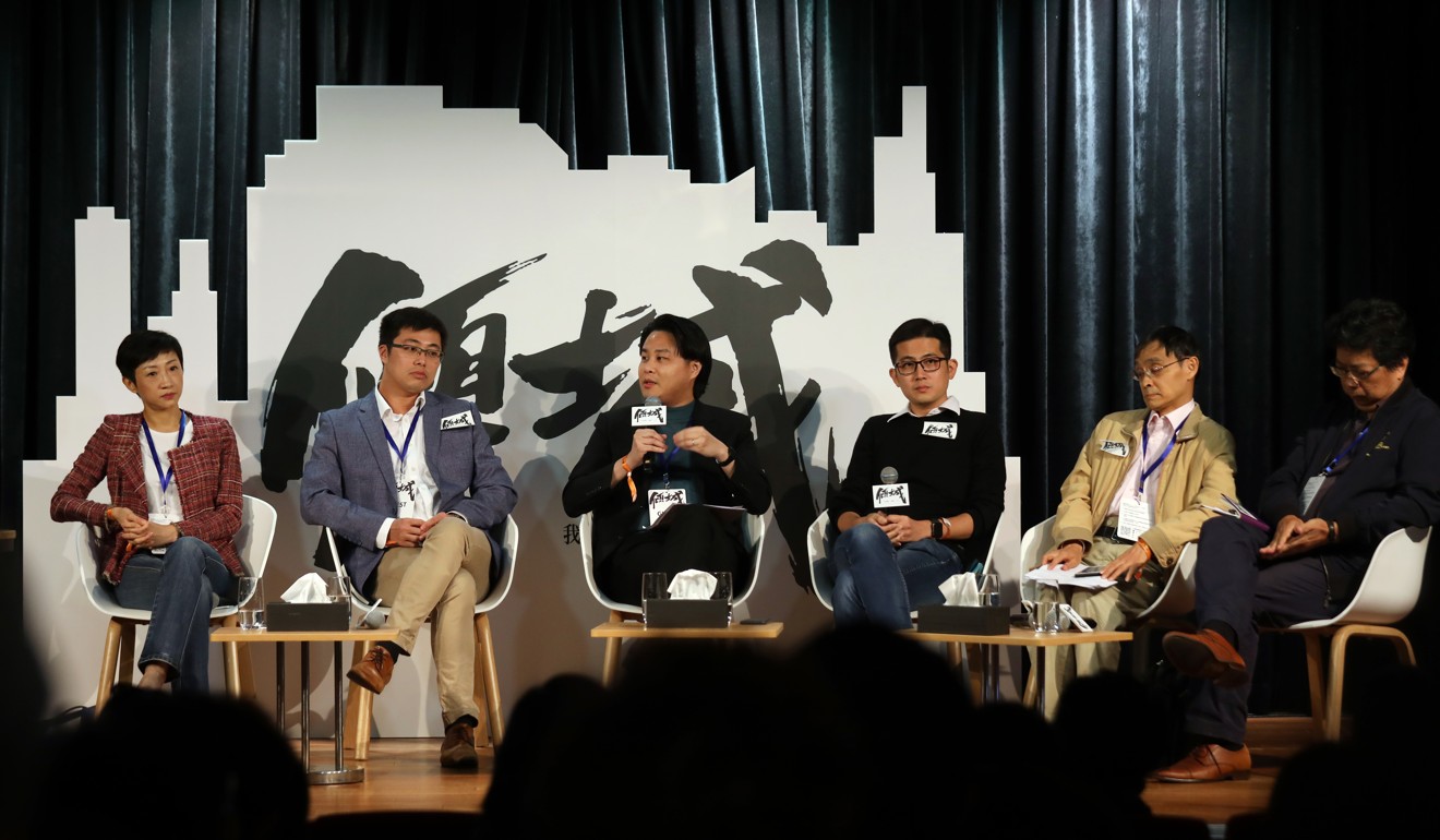 Lawmaker Tanya Chan (far left) takes part in a panel discussion at the CityVoice seminar in Admiralty alongside Frankie Ngan Man-yu, a DAB district councillor, political scientist Derek Yuen, former political assistant Chan Chi-yuen, and Basic Law Committee member Albert Chen. Photo: Xiaomei Chen