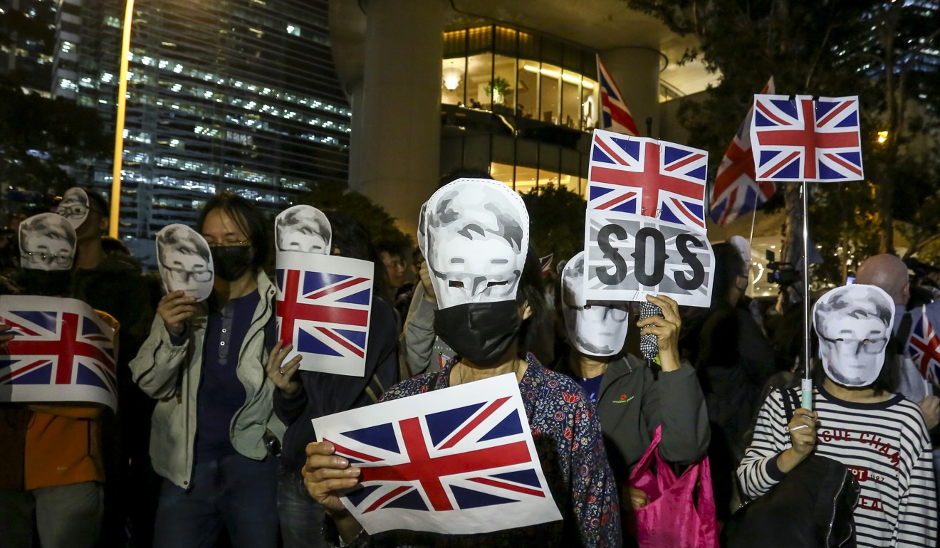 The rally’s organiser, Britons in Hong Kong, urged the British government to investigate Simon Cheng’s arrest and provide holders of the British National (Overseas) passport in Hong Kong the right to abode in Britain. Photo: Jonathan Wong