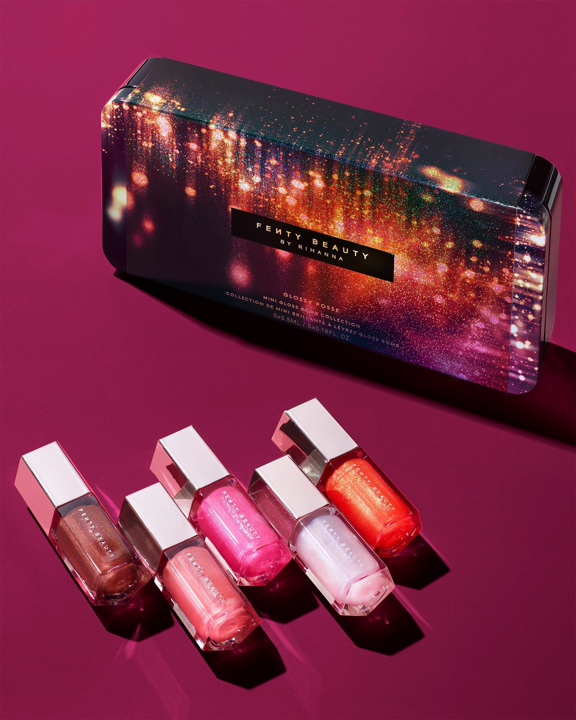 The Fenty Beauty Glossy Posse Mini Gloss Bomb Collection features five lip glosses.