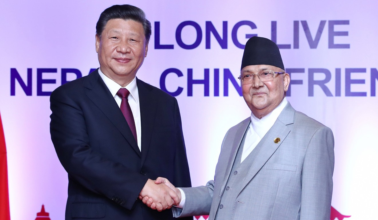 Chinese President Xi Jinping with Nepal’s Prime Minister K.P. Sharma Oli in Kathmandu. Photo: Xinhua