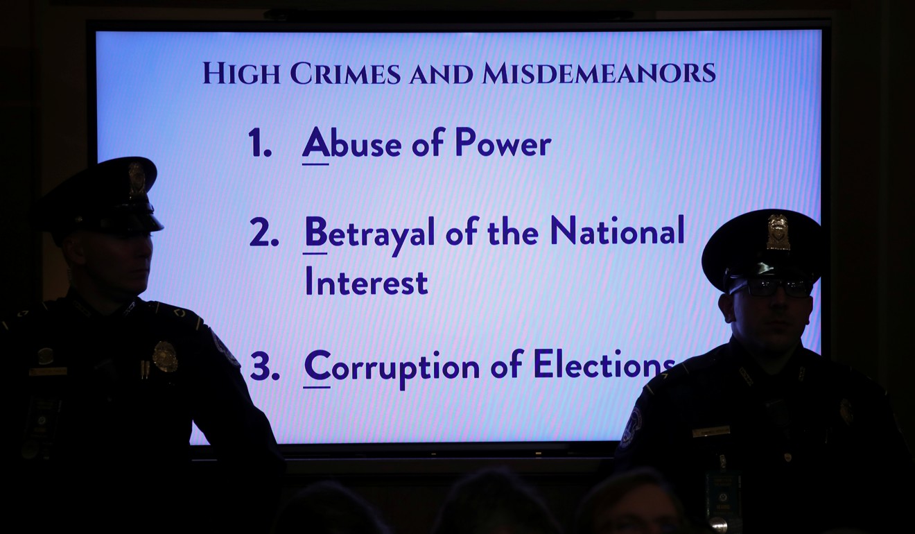 US Capitol police officers in front of a screen displaying definitions of “high crimes and misdemeanours” as the US House Judiciary Committee holds its first impeachment hearing in Washington on Wednesday. Photo: Reuters