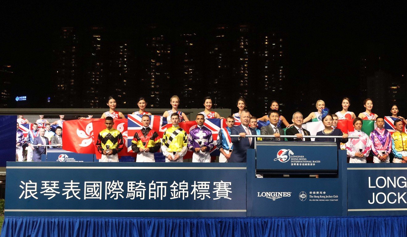 Jockeys prior to the 2019 IJC at Happy Valley with no fireworks. Photo: HKJC