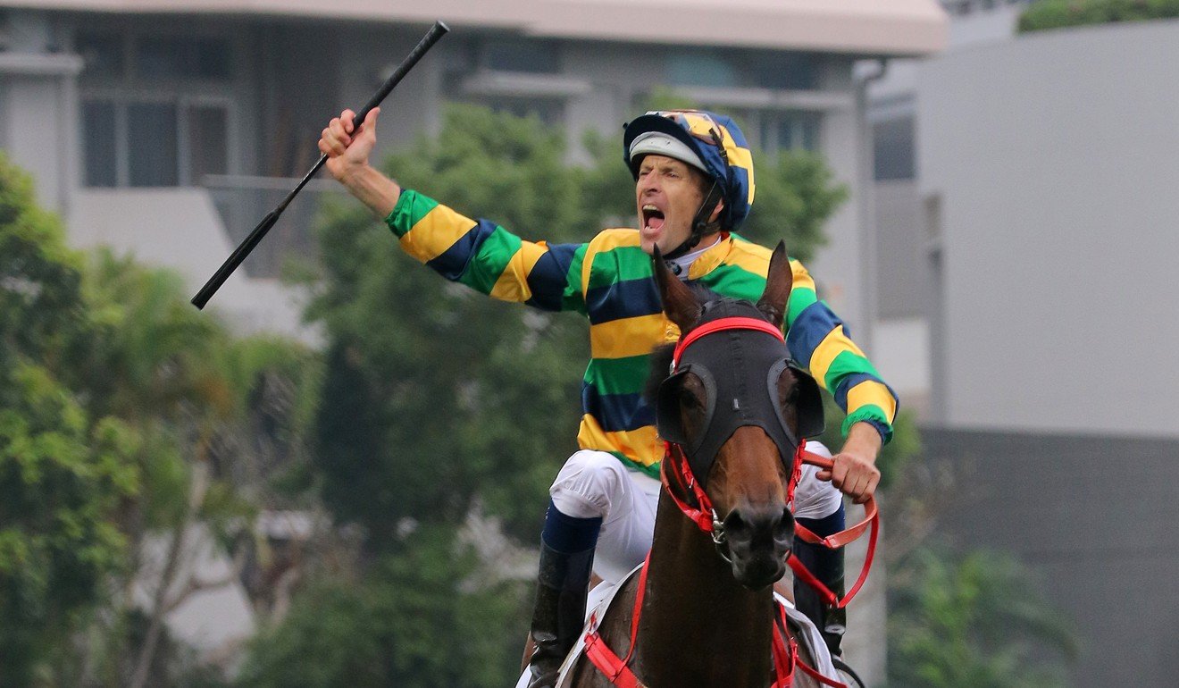 Hugh Bowman celebrates Furore’s Hong Kong Derby win.