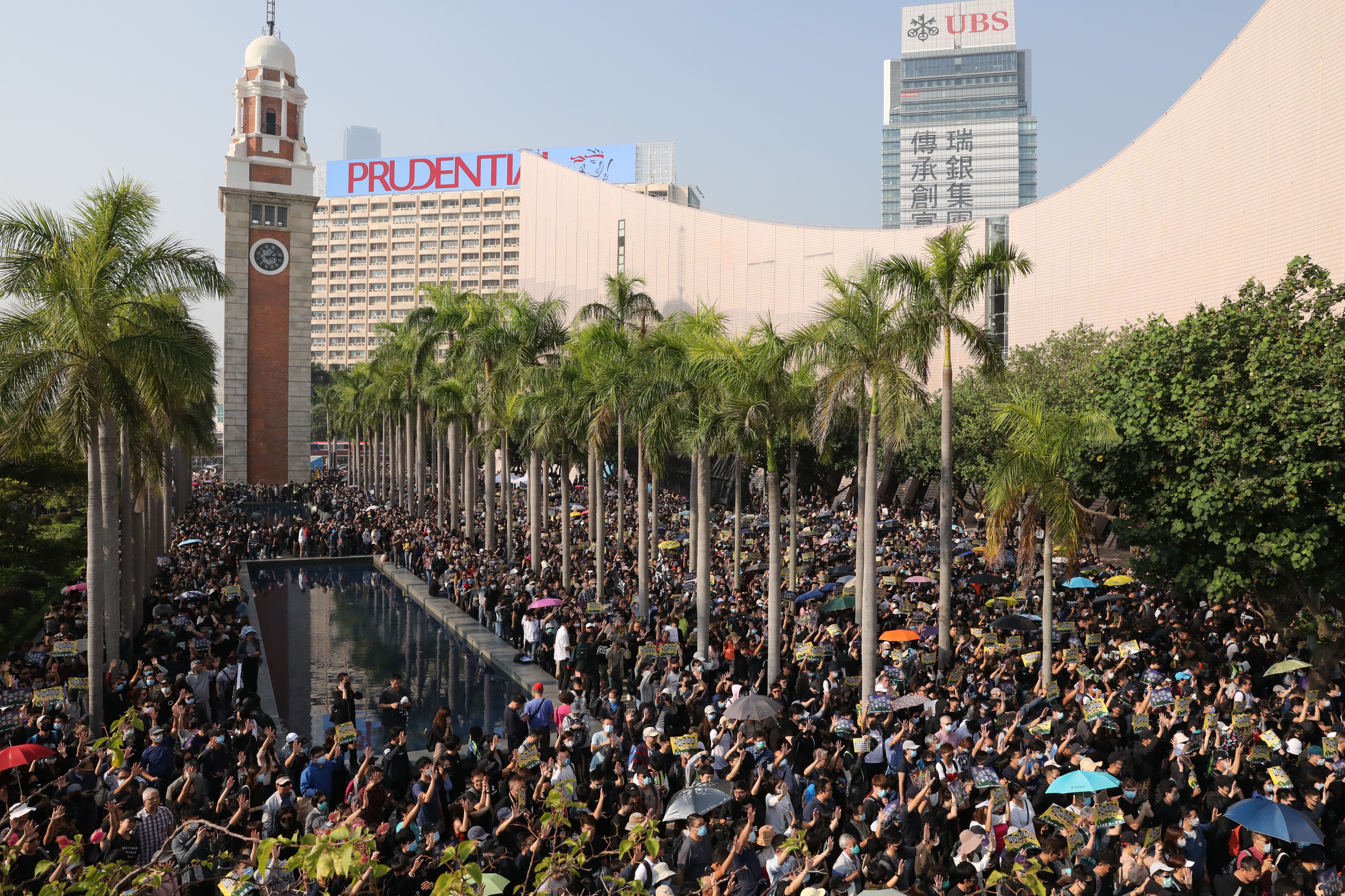 Thousands of protesters return to the streets of Hong Kong’s tourist district Tsim Sha Tsui for an approved march on December 1, a week after the pro-democracy bloc scored a landslide victory in the district council elections. Photo: K.Y. Cheng