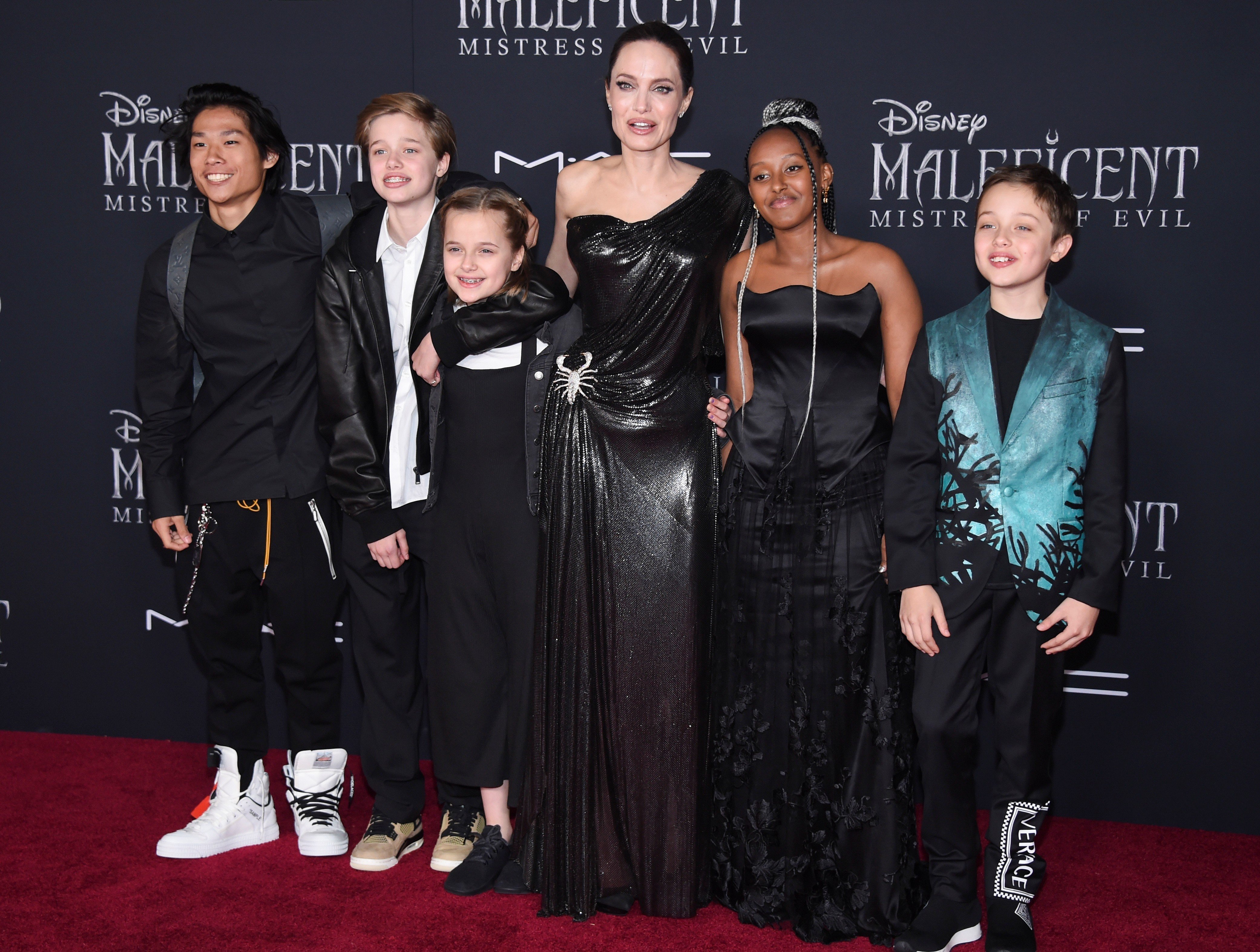 Angelina Jolie with children Pax Thien Jolie-Pitt, Shiloh Nouvel Jolie-Pitt, Vivienne Marcheline Jolie-Pitt, Zahara Marley Jolie-Pitt and Knox Leon Jolie-Pitt, at the premiere of ‘Maleficent: Mistress of Evil’, in Los Angeles this September. Photo: Reuters