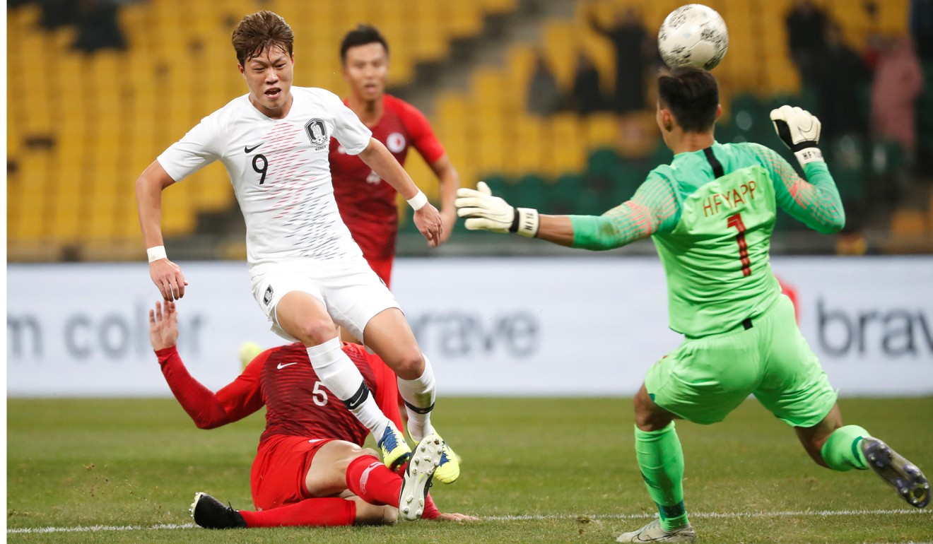 Hong Kong's Helio Goncalves tries to tackle South Korea’s Kim Seung-dae (centre) as goalkeeper Yapp Hung-fai comes off his line. Photo: Reuters