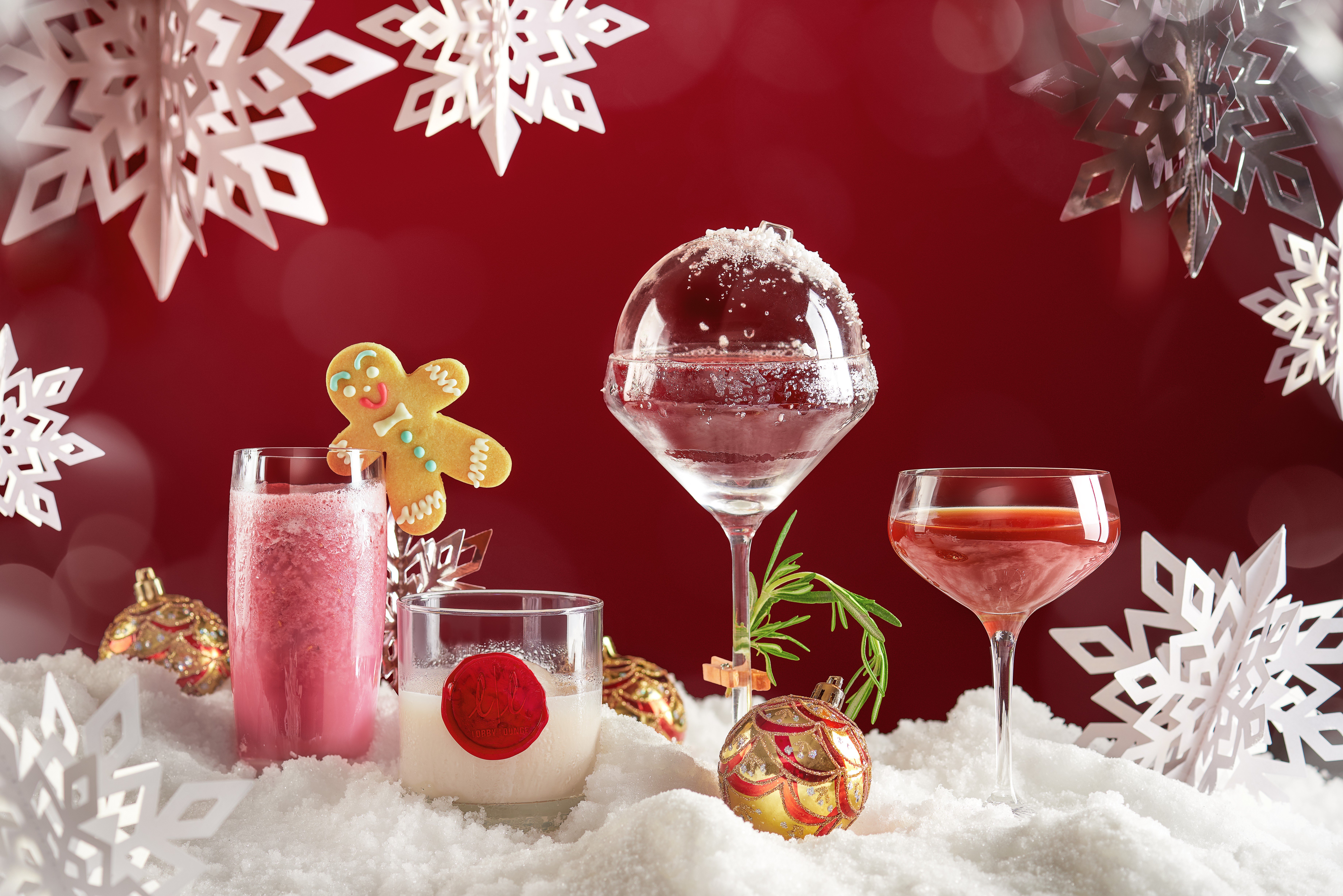 Christmas cocktails at the InterContinental Hong Kong are among the festive treats on offer this season. From left, ‘Victor’ the gingerbread man; sugar cane rush; the ornament; lobby lounge Christmas delight. Photo: Handout