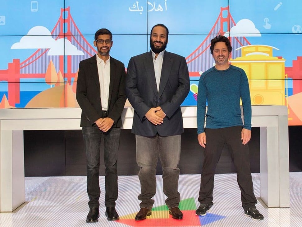 Google CEO Sundar Pichai (left), Crown Prince Mohammed bin Salman Al Saud, and Google co-founder Sergey Brin (right). Photo: Bandar Algaloud/Reuters