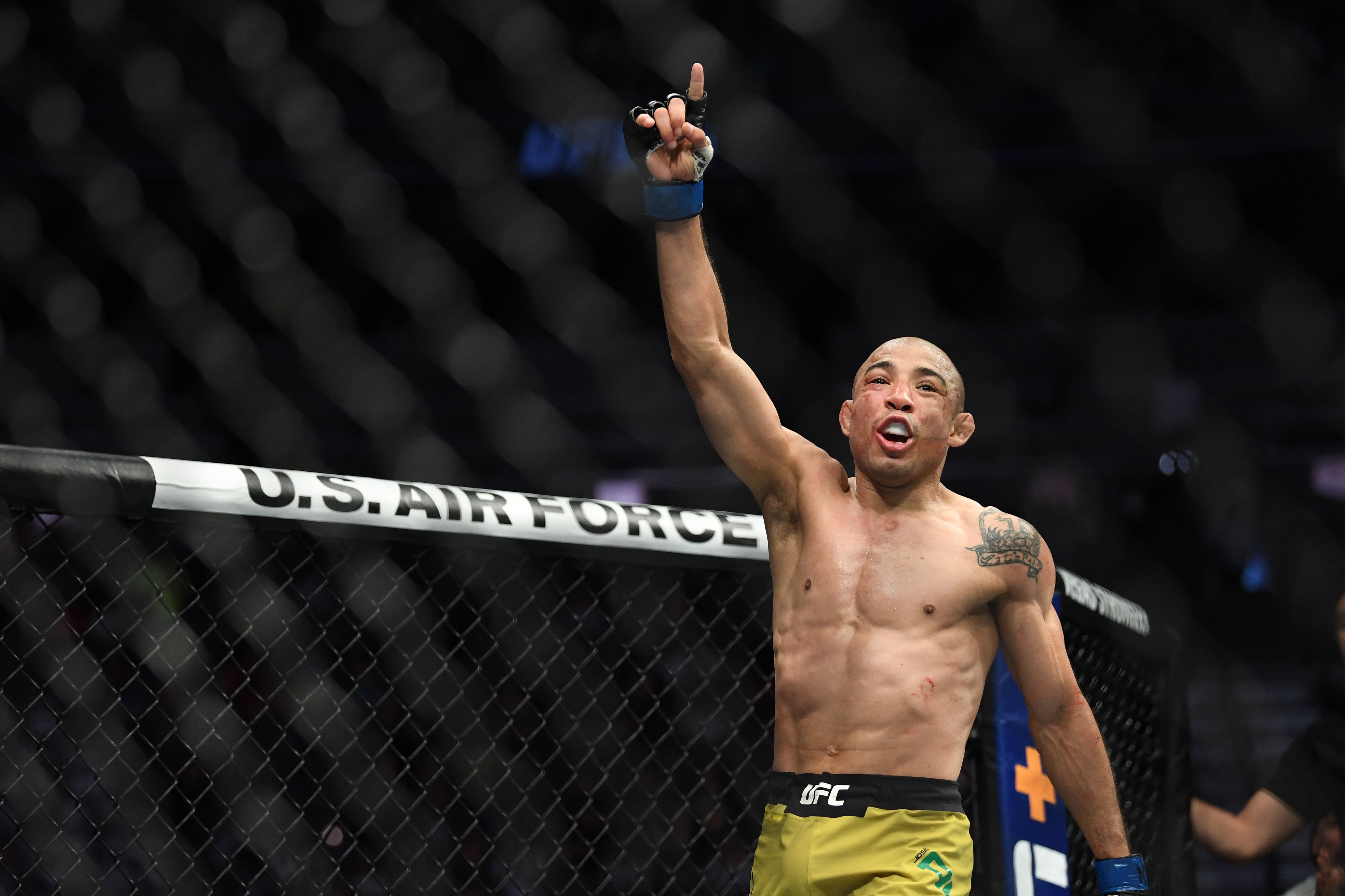 Jose Aldo reacts after his bout against Marlon Moraes during UFC 245 at T-Mobile Arena. Photo: USA TODAY Sports