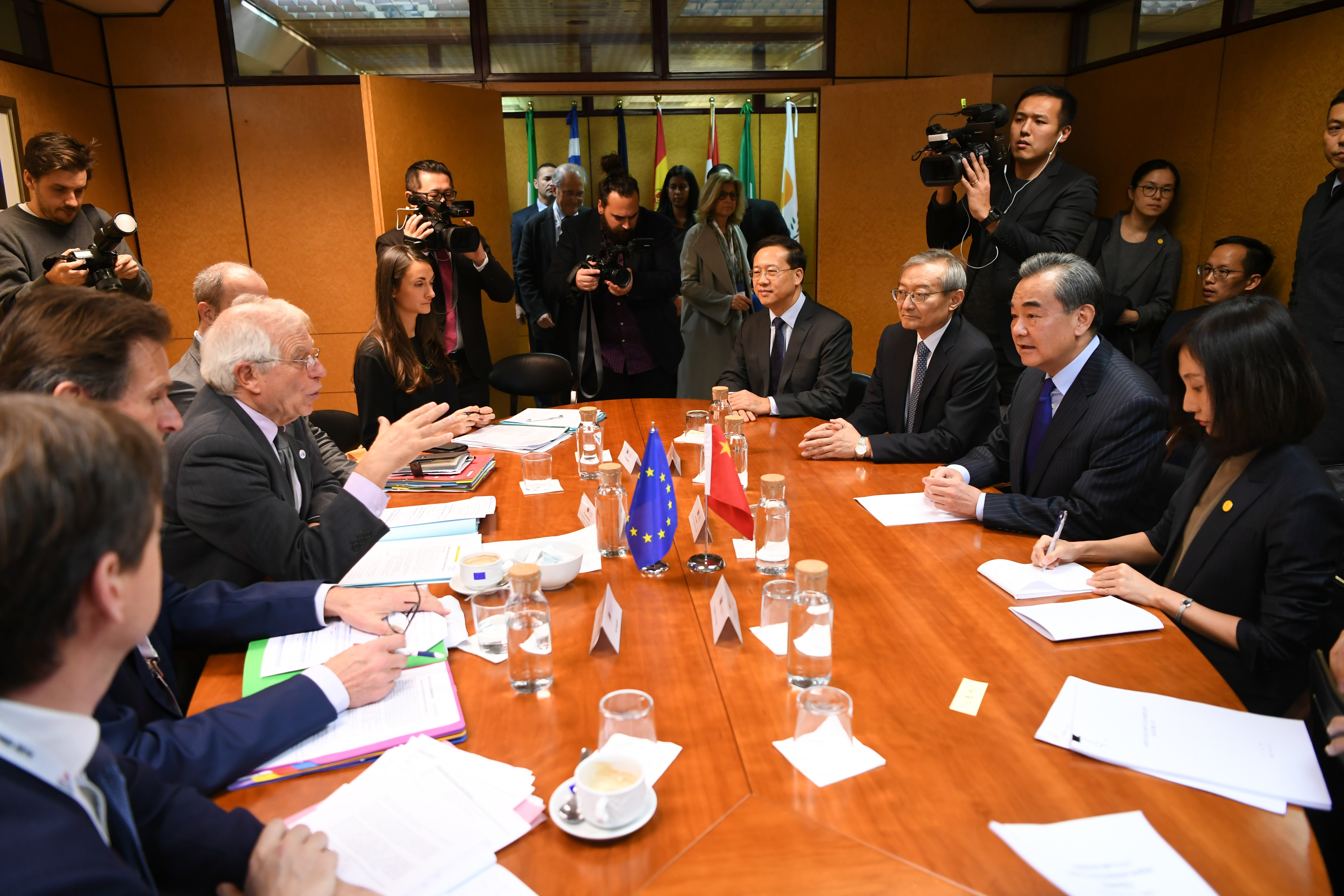 The EU foreign policy chief Josep Borrell (third from left) and his delegation meet with the Chinese delegation led by foreign minister Wang Yi (second from right) on the sidelines of the Asem foreign ministers’ meeting in Madrid, Spain, on December 15. Photo: Xinhua