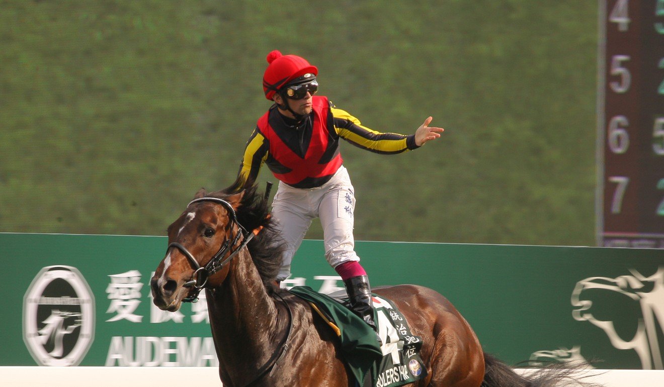 Umberto Rispoli celebrates his QE II Cup win on Rulership.