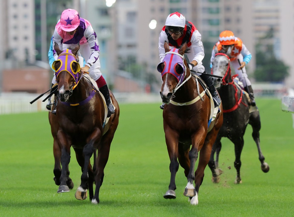 Multimillion (right) surges to victory at Sha Tin earlier this season.