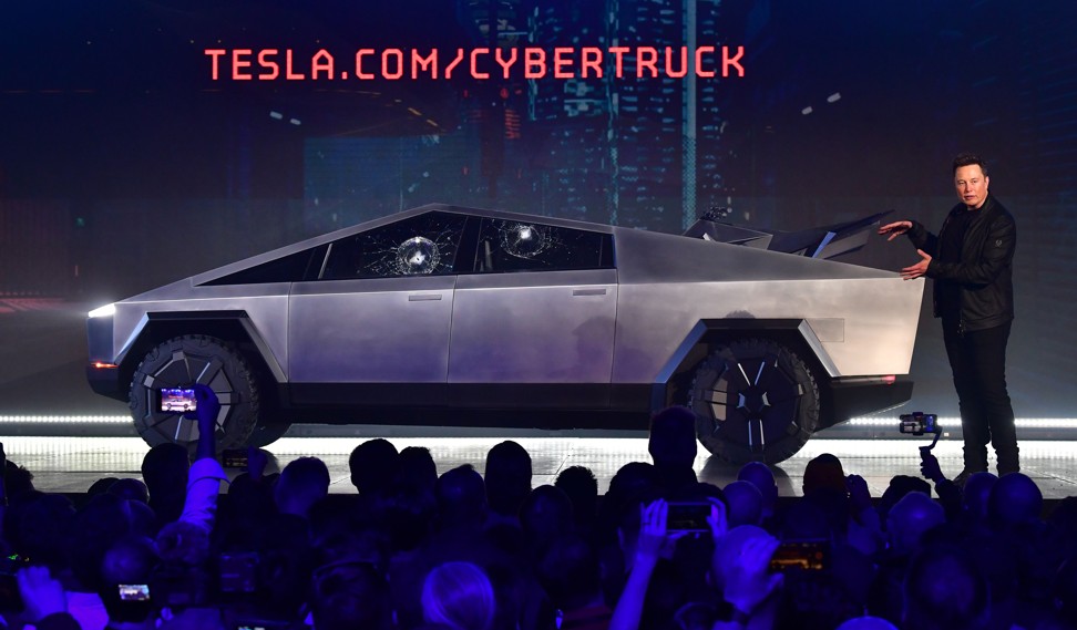 Tesla co-founder and CEO Elon Musk gestures as he unveils the all-electric battery-powered Tesla Cybertruck at the Tesla Design Centre in Hawthorne, California, the US. Photo: TNS