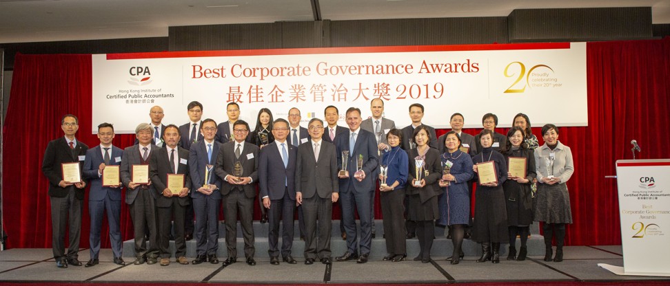 Officials and award winners at the Best Corporate Governance Awards 2019 ceremony hosted by Hong Kong Institute of Certified Public Accountants. Photo: Frank Chan