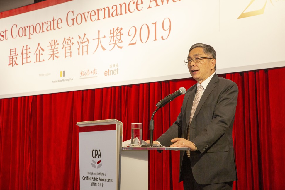 James Lau, Hong Kong’s Secretary for Financial Services and the Treasury, congratulates the winning companies during his opening address at the Best Corporate Governance Awards 2019 ceremony. Photo: Frank Chan