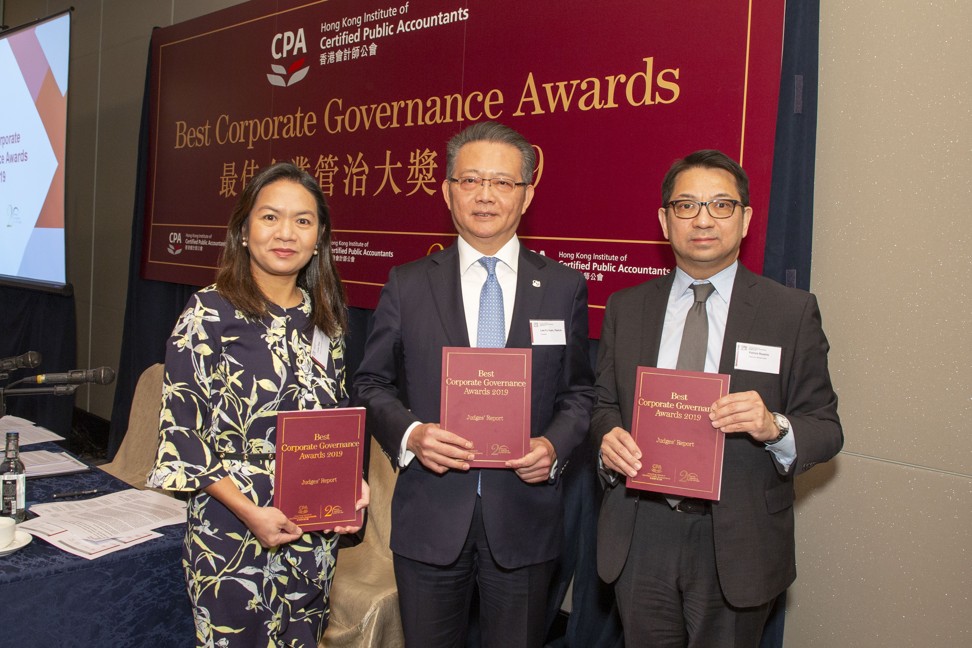 (From left) Loren Tang, chairman of the Best Corporate Governance Awards 2019’s organising committee, Patrick Law, chair of the judging panel; and Patrick Rozario, chairman of the review panel. Photo: Frank Chan