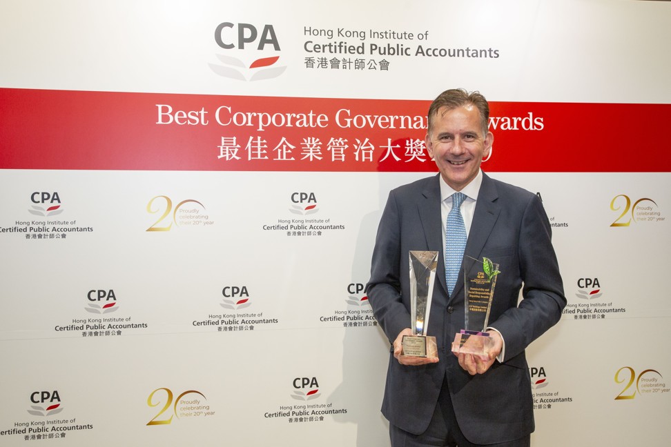 David Simmonds, CLP Holdings’ group general counsel, company secretary and chief administrative officer, with the company’s two awards at the Best Corporate Governance Awards 2019. Photo: Frank Chan