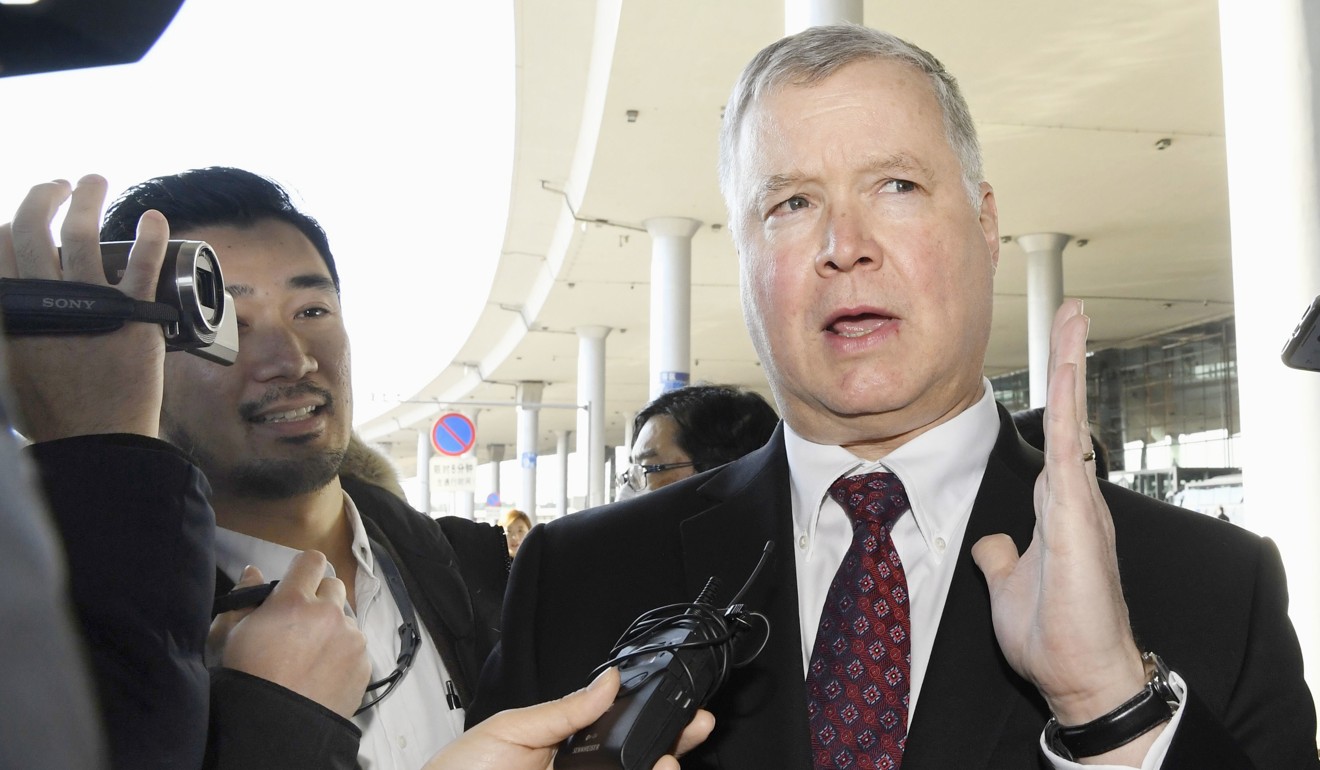 US Special Representative for North Korea Stephen Biegun speaks to reporters after arriving in Beijing on Thursday. Photo: Kyodo