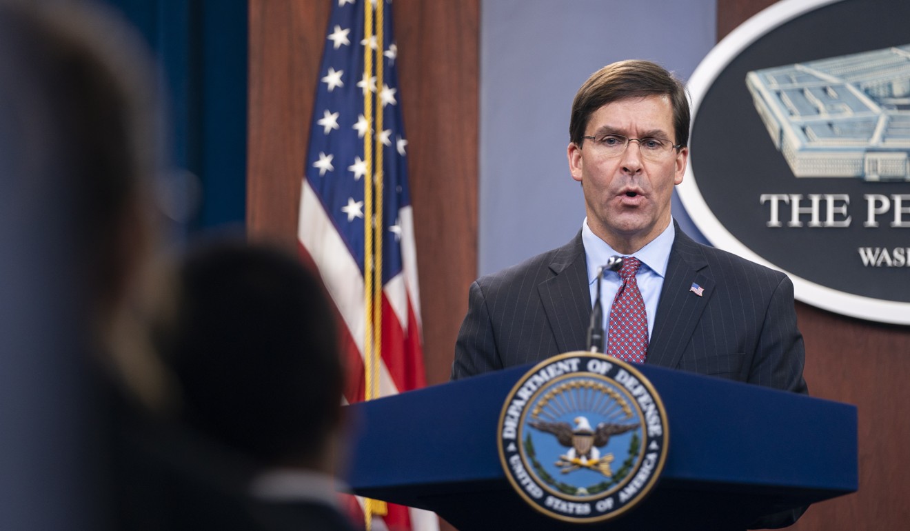 US Defence Secretary Mike Esper speaks at a press conference at the Pentagon on Friday. Photo: EPA-EFE