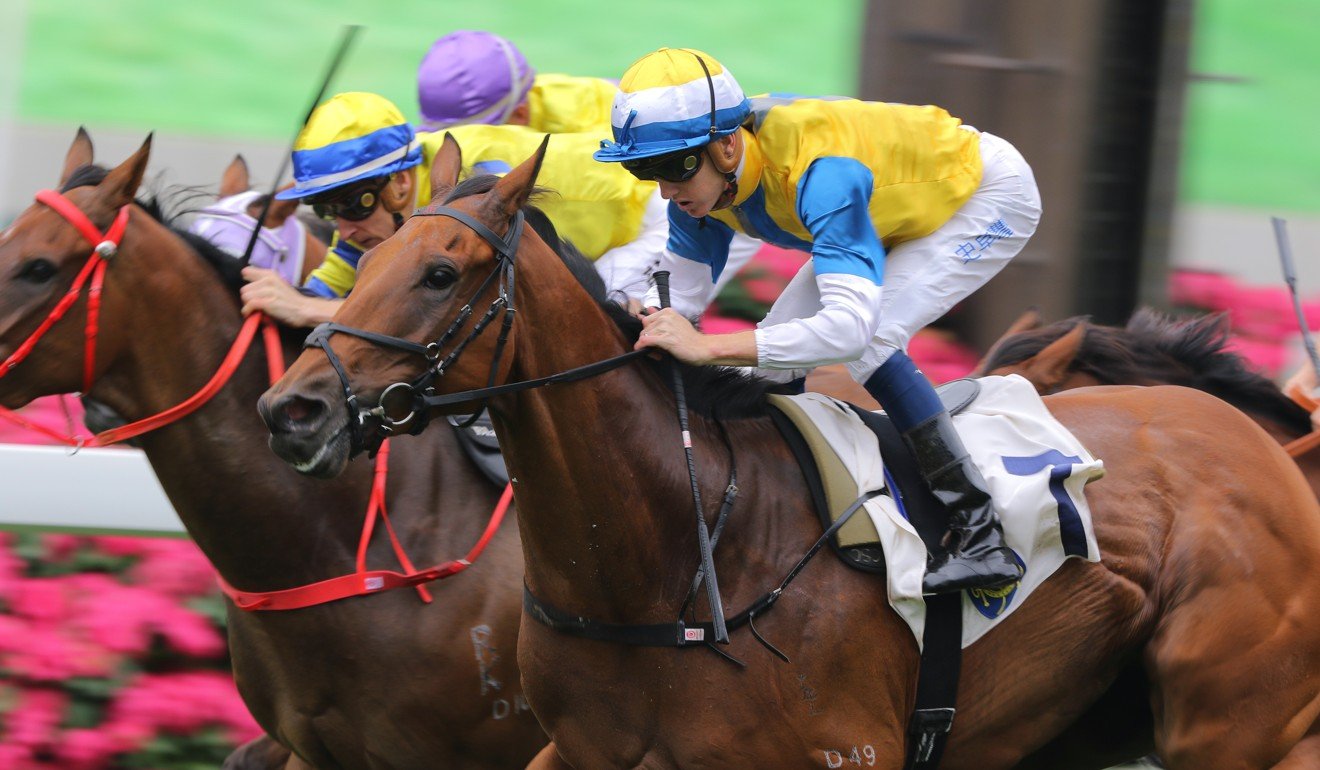 Xponential runs over the top of his rivals under Chad Schofield at Sha Tin on Saturday.